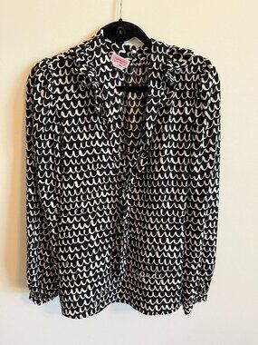 Kate Spade New York Black & White Signature Squiggle Tie-Neck Blouse Sz L